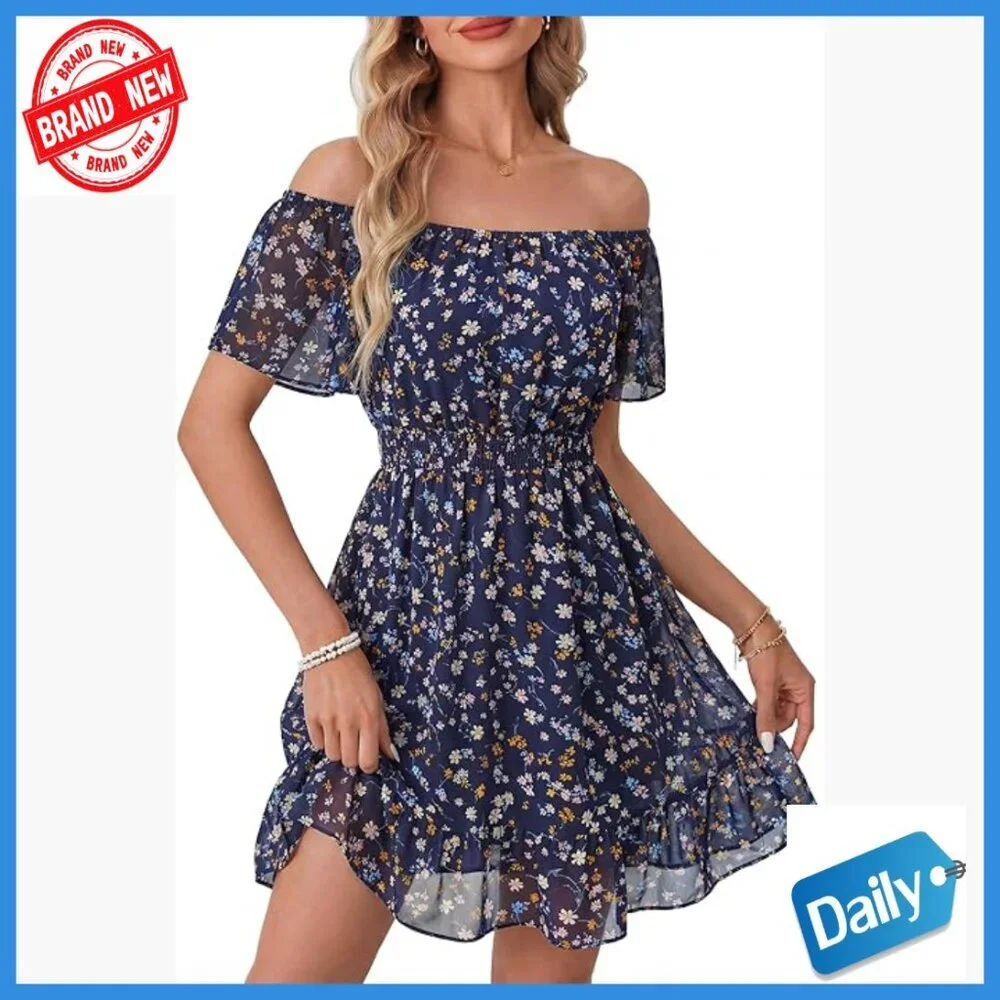 Flutter Sleeve Chiffon Sundress A-Line Knee-Length Casual Summer Dress